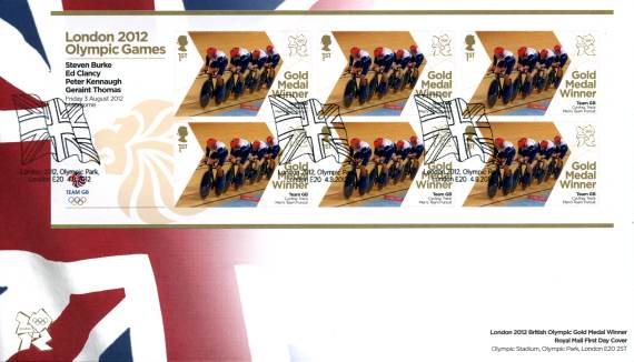 First Day Cover ~ London Olympic Games 2012 Miniature Sheet Men's Team Pursuit ~ Gold Medal