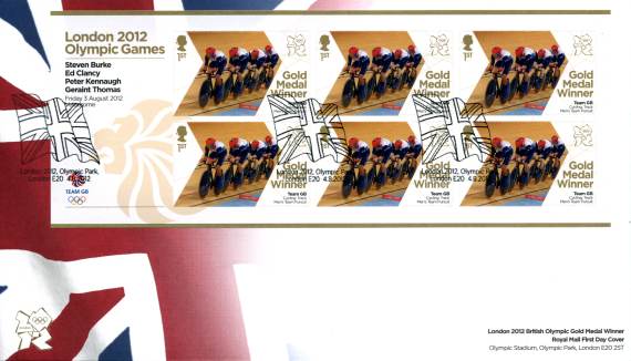 First Day Cover ~ London Olympic Games 2012 Miniature Sheet Men's Team Pursuit ~ Gold Medal First Day Cover ~ London Olympic Games 2012 Miniature Sheet Men's Team Pursuit ~ Gold Medal