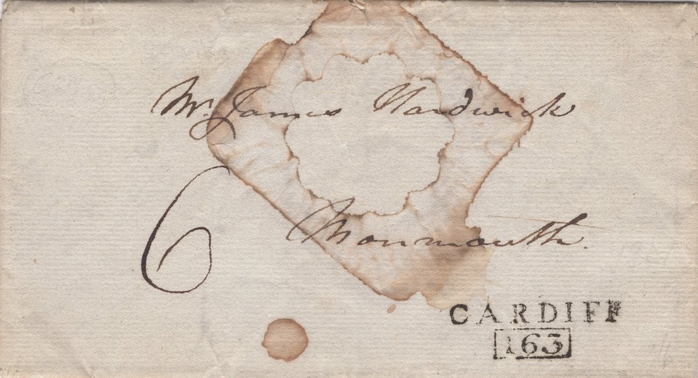 Cardiff 1803 Straight Line 163 Boxed Mileage rated 6d to Monmouth Cardiff 1801 Straight Line 163 Boxed Mileage rated 6d to Monmouth