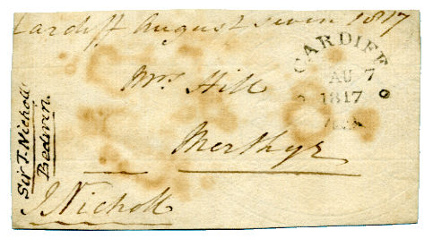 Free Front with Cardiff Circular Dated Mileage mark 1817 Free Front with Cardiff Circular Dated Mileage mark 1817