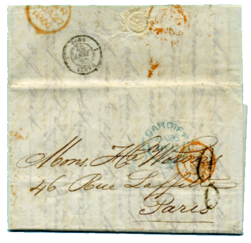 Entire to Paris with Cardiff Cicular Double Arc mark 1852 in Blue Entire to Paris with Cardiff Cicular Double Arc mark 1852 in Blue