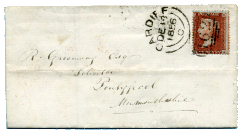 Envelope with Cardiff Sideways Duplex postmark 1856 Envelope with Cardiff Sideways Duplex postmark 1856