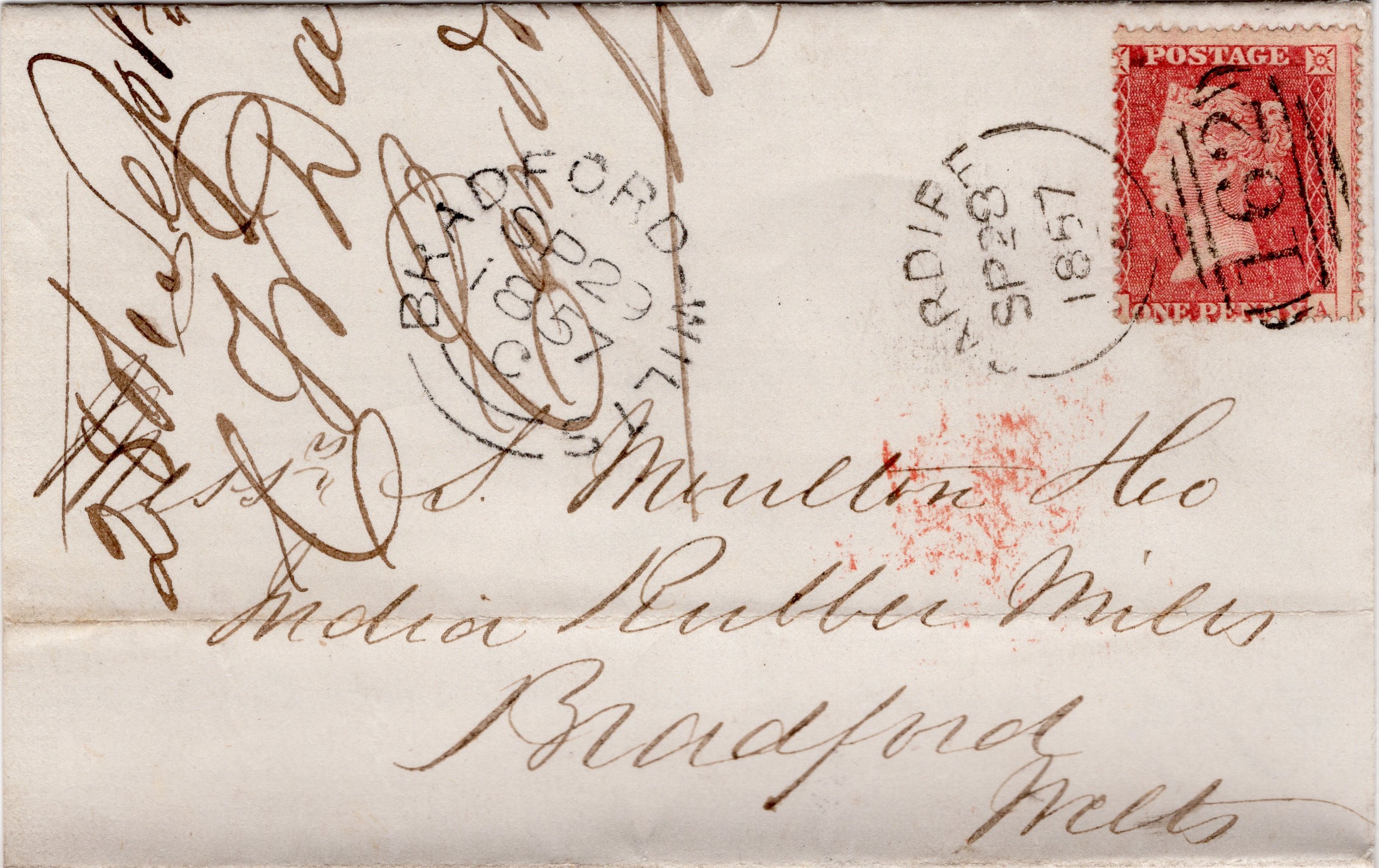 Envelope with Cardiff Sideways Duplex postmark 1857 Envelope with Cardiff Sideways Duplex postmark 1857