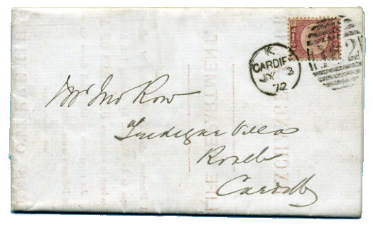 Entire with Cardiff Duplex postmark 1872 Entire with Cardiff Duplex postmark 1872