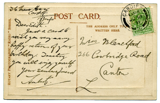 Postcard with Cardiff Double Circle postmark 1911 Postcard with Cardiff Double Circle postmark 1911