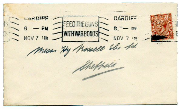 FEED THE GUNS/WITH WAR BONDS Slogan Postmark 1918 on Envelope FEED THE GUNS WITH WAR BONDS Slogan Postmark 1918 on Envelope