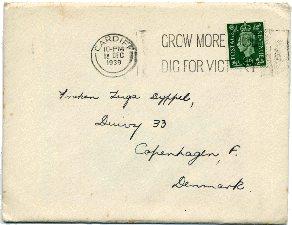 GROW MORE FOOD/DIG FOR VICTORY Slogan Postmark 1939 on envelope GROW MORE FOOD/DIG FOR VICTORY Slogan Postmark 1939 on Envelope