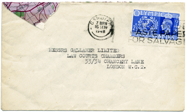 SAVE YOUR/WASTE PAPER/FOR SALVAGE Slogan Postmark 1948 on recycled Map envelope SAVE YOUR/WASTE PAPER/FOR SALVAGE Slogan Postmark 1948 on Envelope
