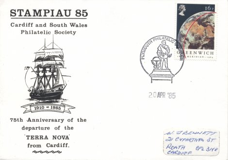 Commemorative cover from Plymouth 20th April 1985 75th Anniversary of  Scott's departure from Plymouth for the Antarctic via Cardiff