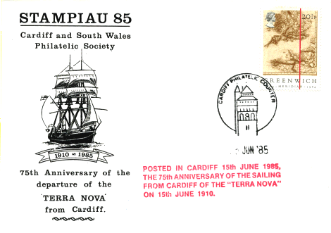 Commemorative cover from Cardiff 15th June 1985 75th Anniversary of Scott's departure from Cardiff for the Antarctic Commemorative cover from Cardiff 15th June 1985 75th Anniversary of Scott's departure from Cardiff for the Antarctic