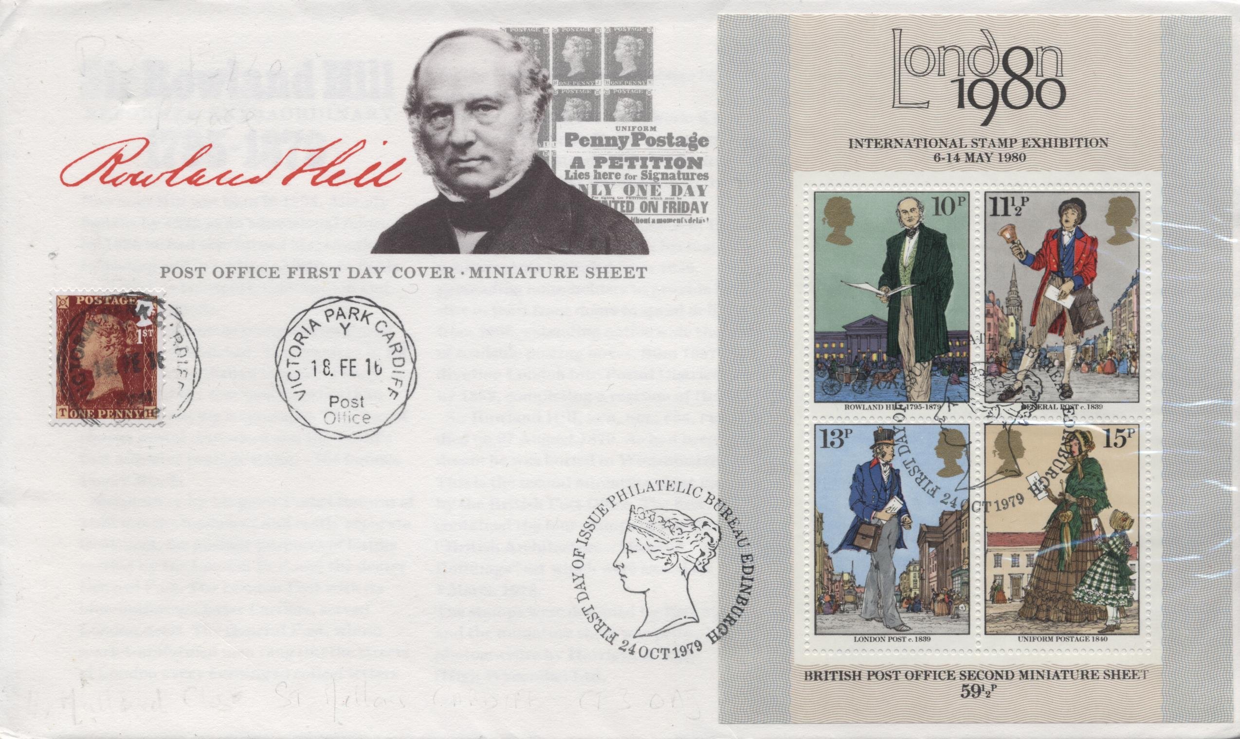 1980 Rowland Hill Miniature Sheet FDC double dated for 175th Anniv. Penny Red Victoria Park FDI cancellation 1980 Rowland Hill Miniature Sheet FDC double dated for 175th Anniv. Penny Red Victoria Park FDI cancellation