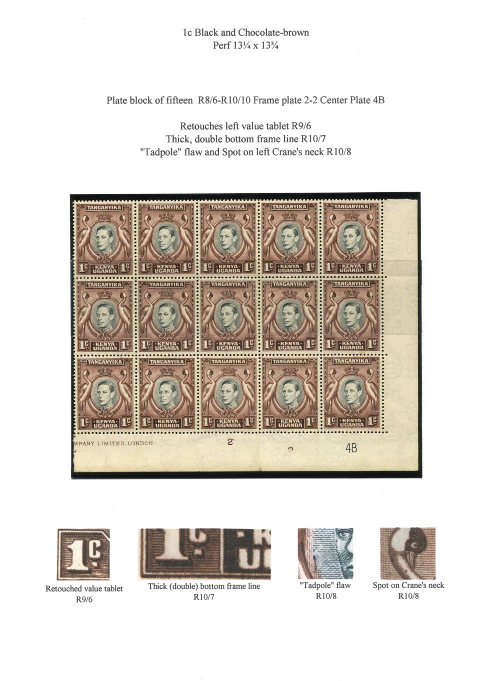 K. U. T. 1946&#010;  1c Black & Chocolate-brown&#010;  Frame Pl 22 Head Pl 4B block 6&#010;  'Tadpole flaw'
